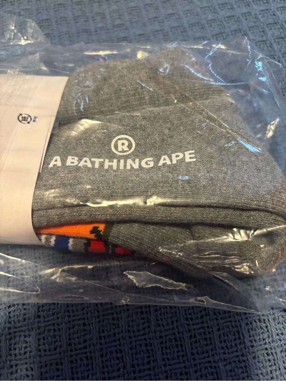 Bape Grey Crew Socks with Red Shark Accent